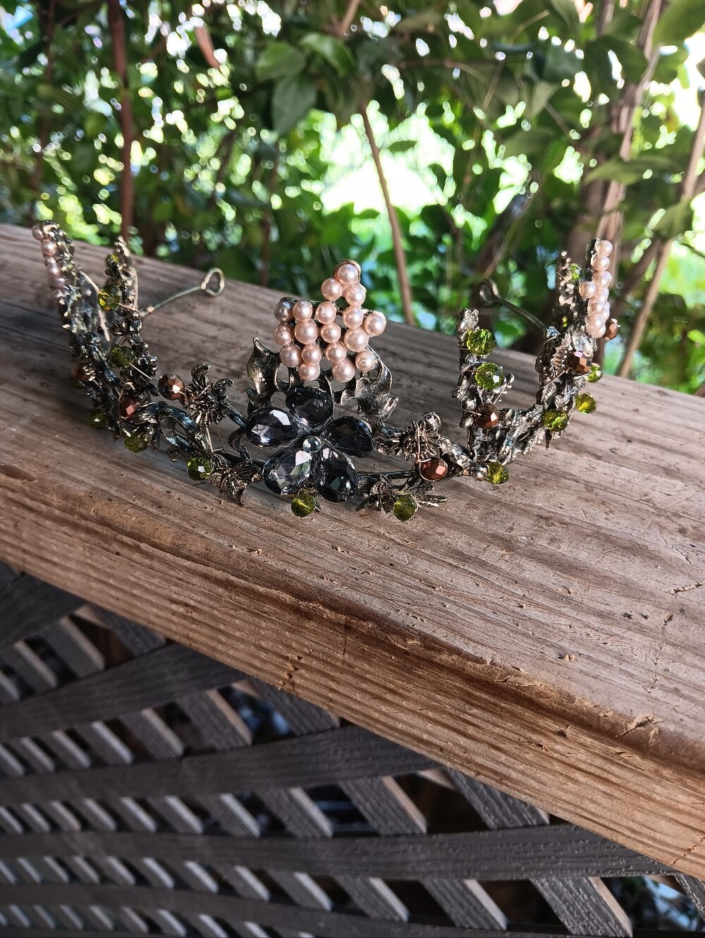 Woodsy Fairy Crown Glass Woodland Bridal Floral Leaves Pearls